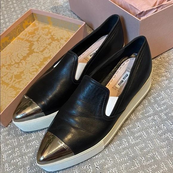 Miu Miu Black Slip-On Skater Platform Sneakers with Silver-Toned Tips - 39.5 - Picture 12 of 14
